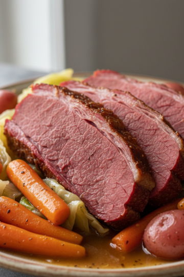 A delicious slow cooker corned beef recipe served with tender cabbage, carrots, and potatoes on a white plate.