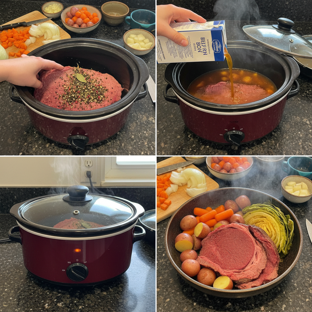 corned-beef-recipes-slow-cooker-prep-step Placing seasoned corned beef brisket, chopped vegetables, and broth into a slow cooker for easy corned beef recipes.