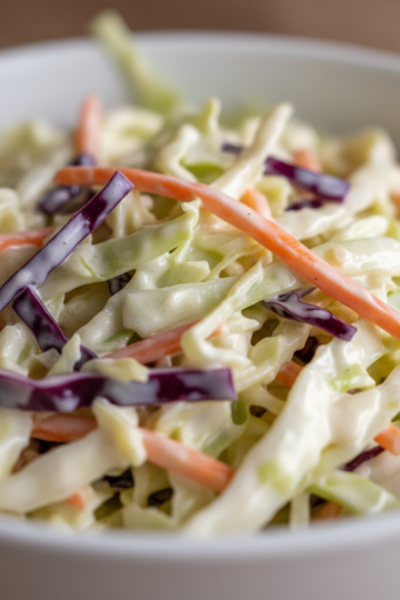 A vibrant bowl of creamy coleslaw recipe, garnished with fresh parsley, ready to be served as a delightful side dish.