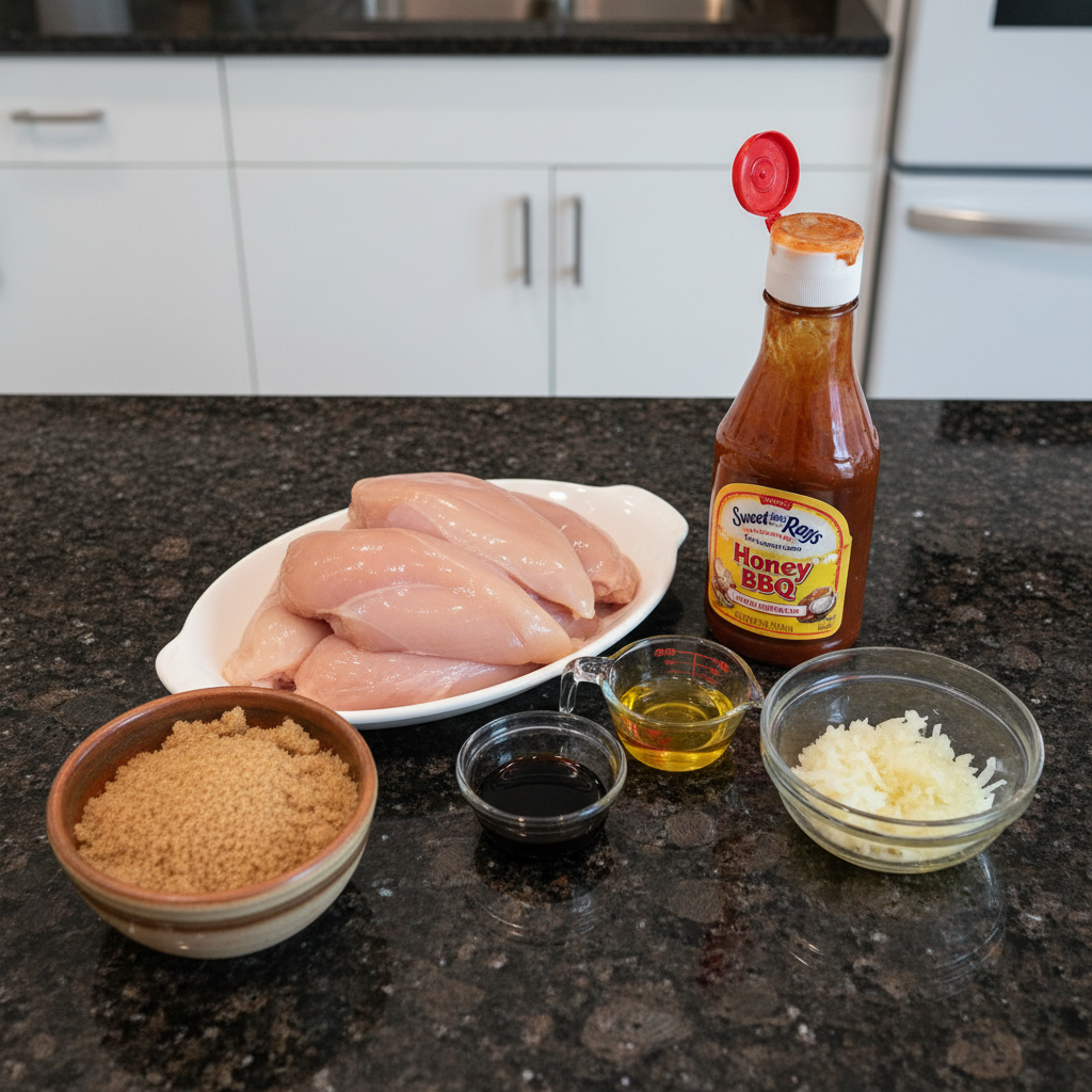 crockpot-bbq-chicken-ingredients A colorful array of fresh ingredients for Crockpot BBQ Chicken, including chicken breasts, barbecue sauce, and seasonings, neatly arranged.