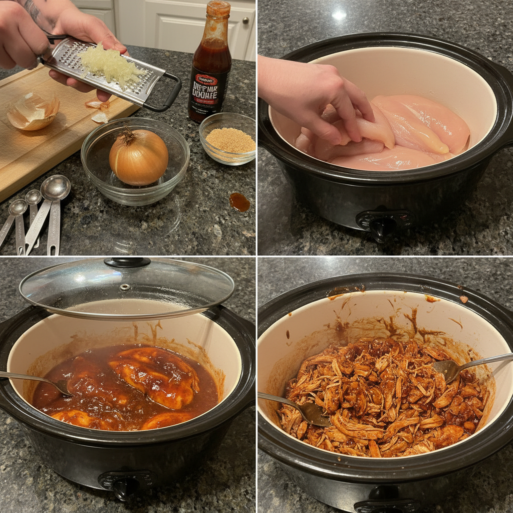 crockpot-bbq-chicken-prep-step Raw chicken breasts nestled in a crockpot, generously coated with BBQ sauce, ready to slow cook for Crockpot BBQ Chicken.