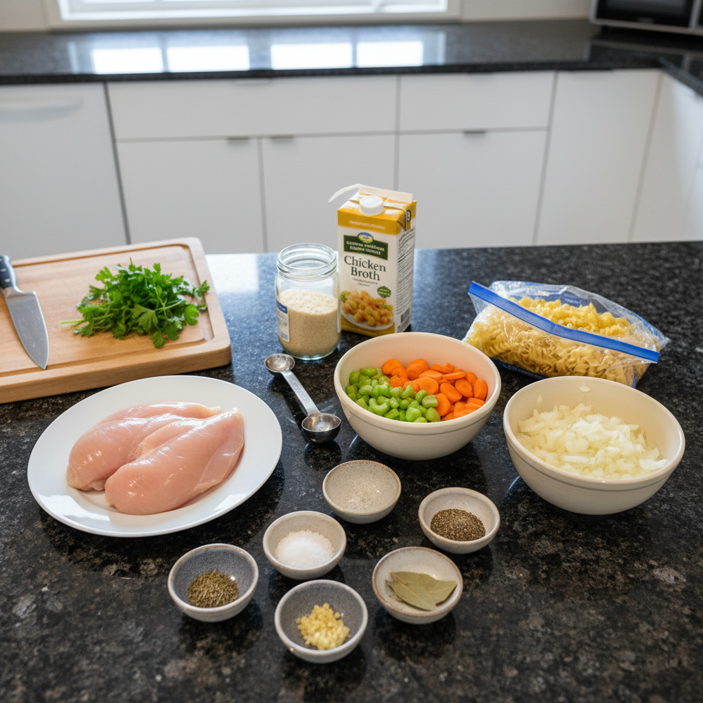 crockpot-chicken-noodle-soup-ingredients Fresh ingredients for crockpot chicken noodle soup, including raw chicken, carrots, celery, onion, egg noodles, and various herbs and spices.