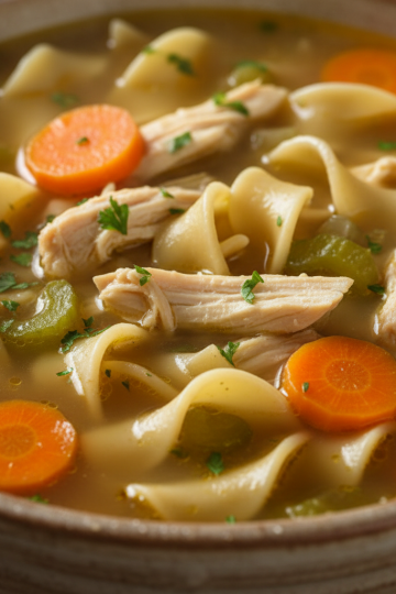 A steaming bowl of crockpot chicken noodle soup with shredded chicken, egg noodles, carrots, and celery, garnished with fresh parsley.