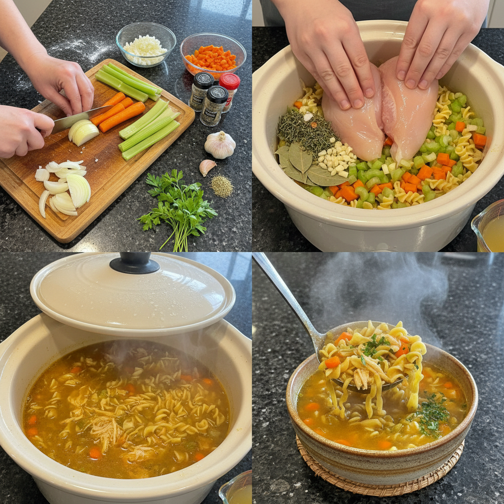 crockpot-chicken-noodle-soup-prep Vegetables and chicken simmering in a slow cooker, illustrating an early stage of preparing crockpot chicken noodle soup.