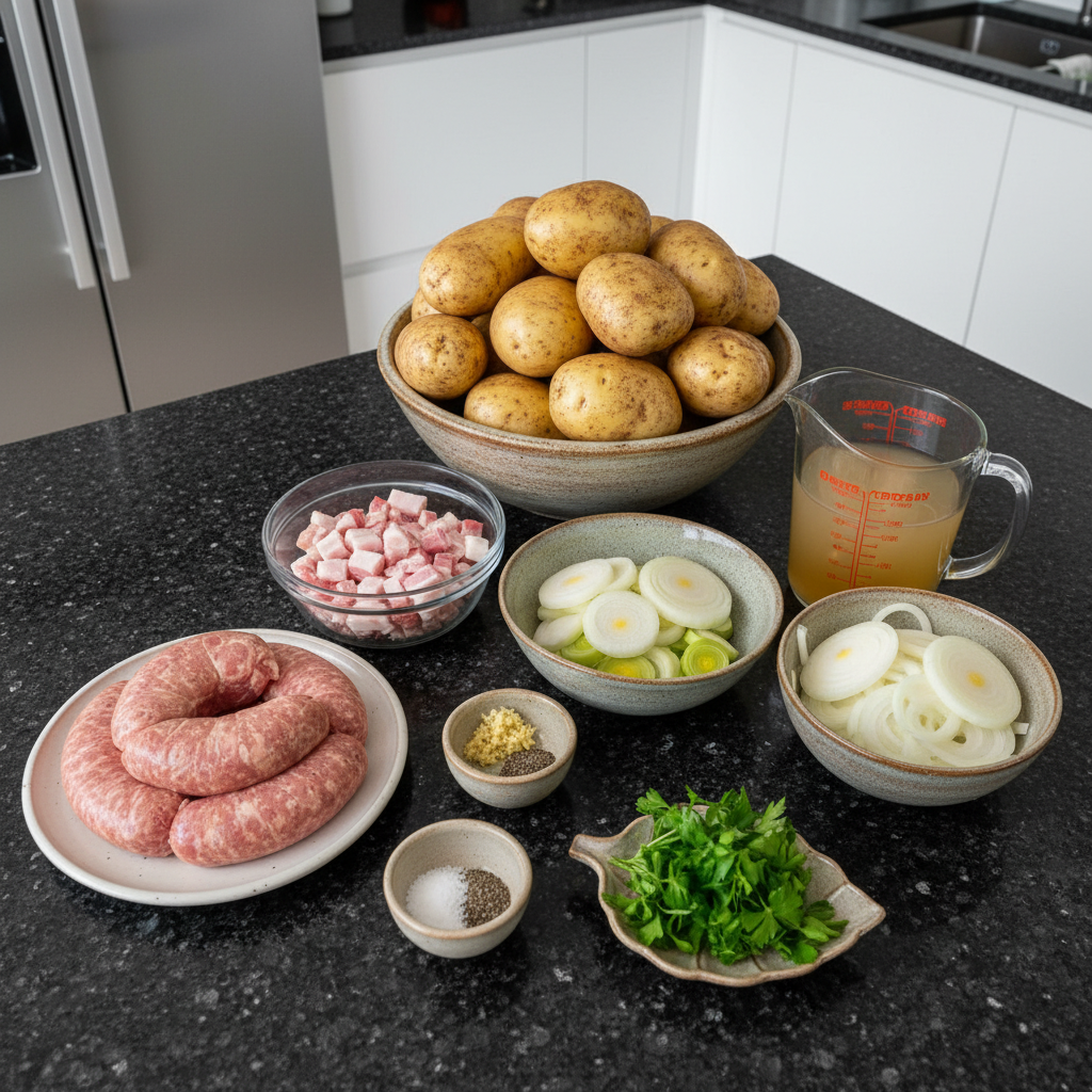 dublin-coddle-ingredients-spread Fresh ingredients for Dublin Coddle laid out: raw sausages, bacon, potatoes, onions, and herbs on a wooden board.