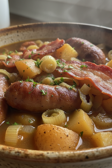 A hearty bowl of Dublin Coddle with sausages, bacon, potatoes, and onions, perfect for a warming meal.