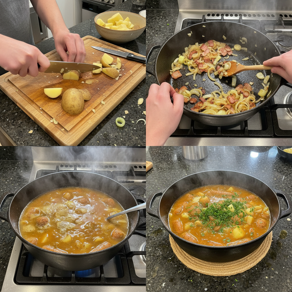 dublin-coddle-preparation-simmering A step-by-step image showing Dublin Coddle simmering gently in a large pot, with vegetables and meats softening.