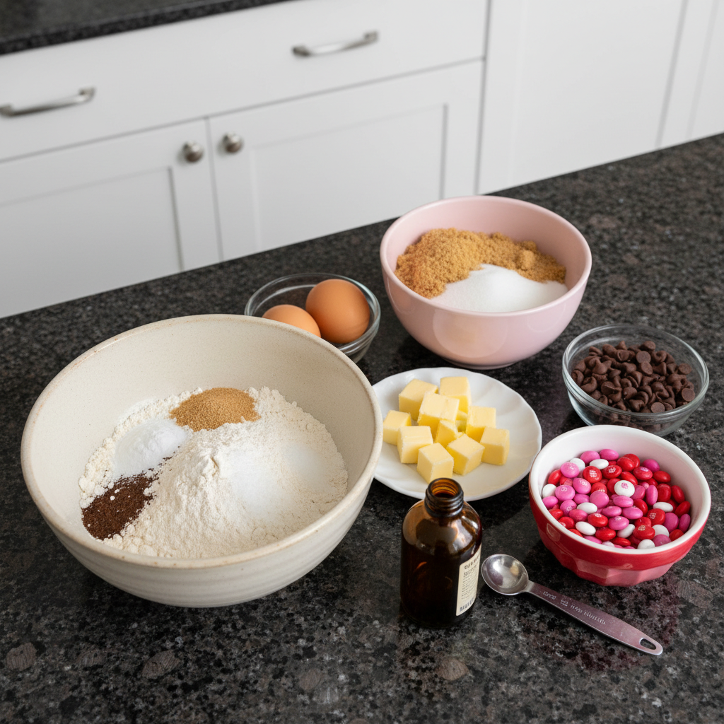 festive-valentine-m-m-cookies-ingredients Ingredients laid out for baking Festive Valentine M&M Cookies, including flour, sugar, eggs, butter, and festive M&Ms.