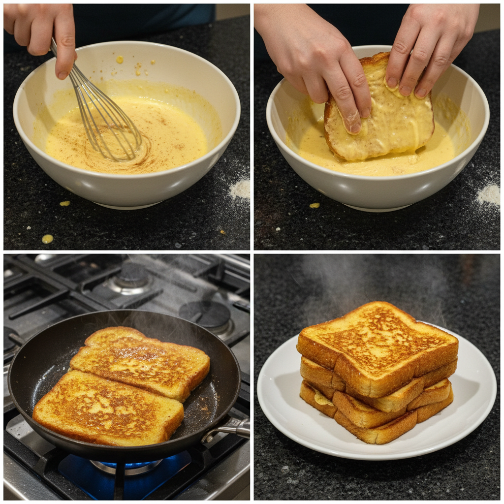 french-toast-recipe-dipping-bread A slice of brioche bread being dipped into an eggy batter, preparing it for a delightful french toast recipe.