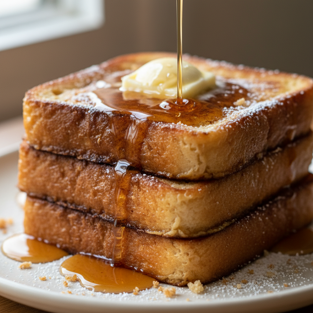 Golden brown french toast recipe slices stacked high, drizzled with maple syrup and topped with fresh berries.