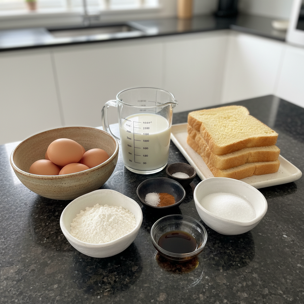 french-toast-recipe-ingredients Fresh eggs, milk, bread, vanilla extract, and cinnamon laid out for a delicious french toast recipe.