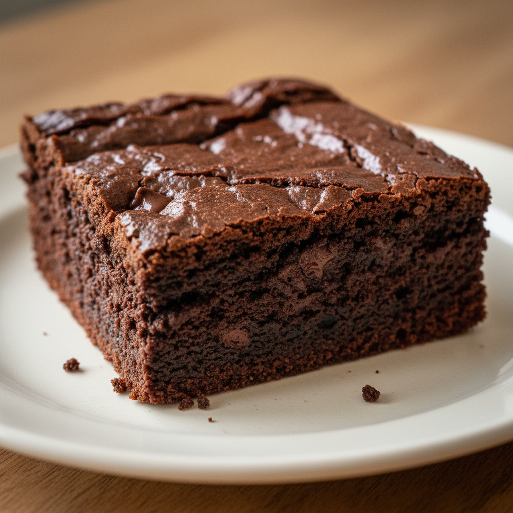 A delicious, rich pan of completed Fudge Brownie Recipe squares, glistening with a crackled top, ready to be served.