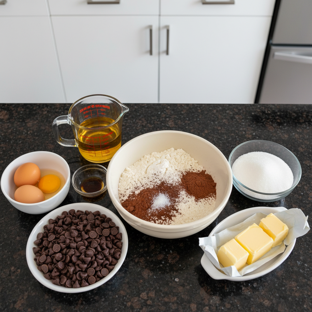 fudge-brownie-recipe-ingredients Essential ingredients for a perfect Fudge Brownie Recipe laid out, including flour, sugar, cocoa powder, and chocolate chips.