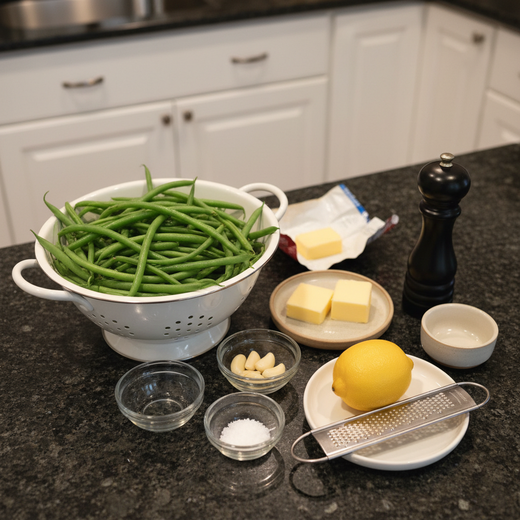 garlic-butter-green-beans-ingredients Fresh green beans, garlic cloves, and butter are laid out, ready to become delicious Garlic Butter Green Beans.