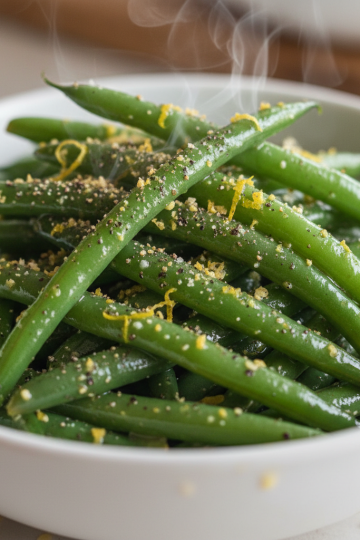 A vibrant bowl of fresh Garlic Butter Green Beans, perfectly cooked and garnished, ready to serve.