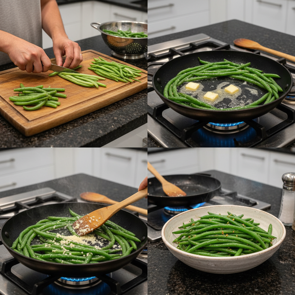 garlic-butter-green-beans-prep-cooking Fresh green beans are sizzling in a hot pan with minced garlic and melting butter, a crucial step in preparing Garlic Butter Green Beans.