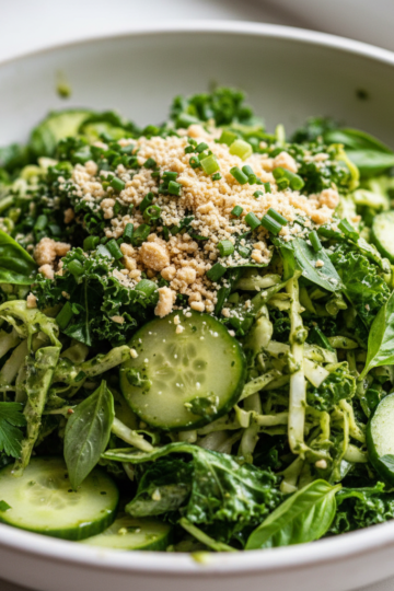 A vibrant, creamy green goddess salad with crisp lettuce and a rich dressing in a glass bowl.