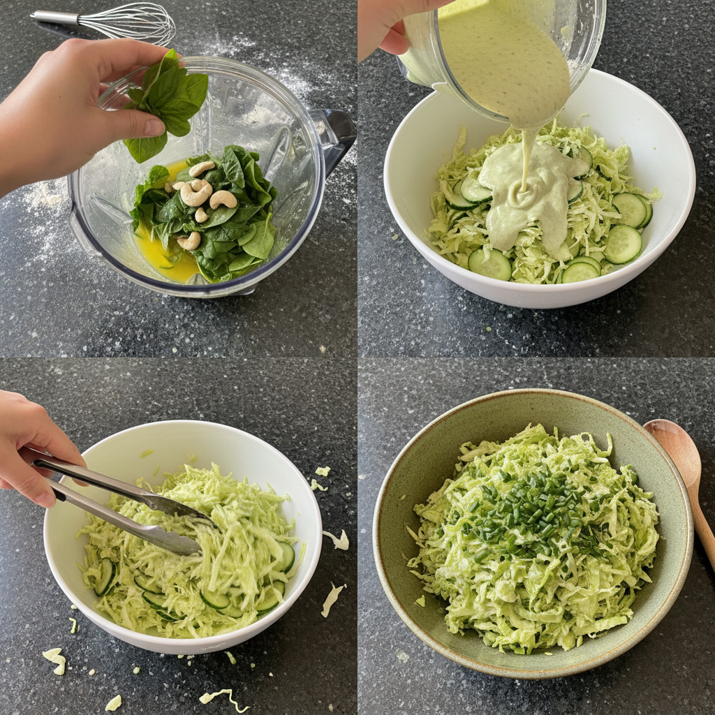 green-goddess-salad-prep-step A hand chopping fresh herbs and crisp vegetables on a wooden board for a green goddess salad.