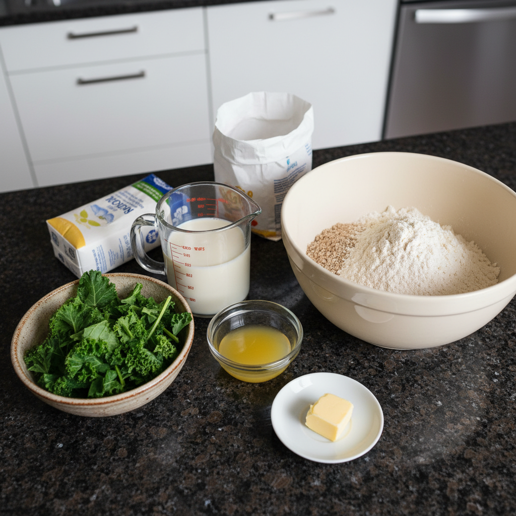 green-irish-soda-bread-ingredients-mise-en-place Various ingredients like flour, buttermilk, baking soda, and green food coloring for green Irish soda bread.