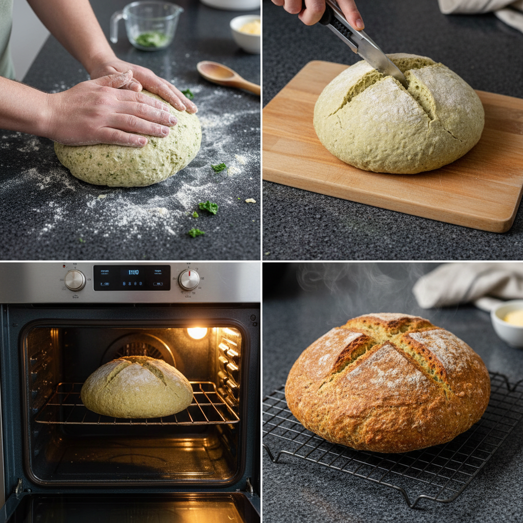 green-irish-soda-bread-prep-forming-dough Hands gently forming the dough for green Irish soda bread on a floured wooden surface.