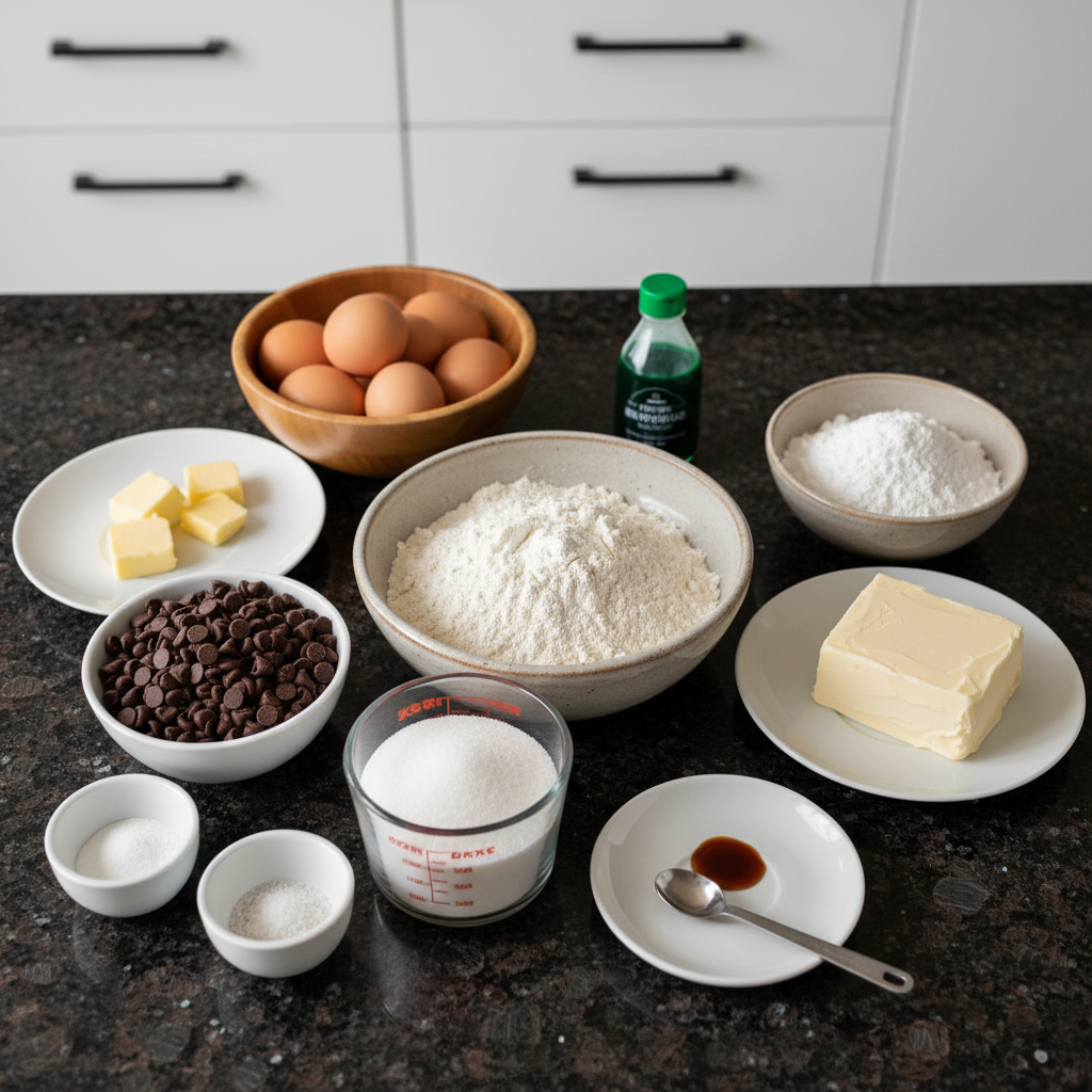 green-velvet-brownies-cream-cheese-frosting-ingredients Fresh ingredients like flour, sugar, cocoa powder, green food coloring, and cream cheese for making green velvet brownies with cream cheese frosting.