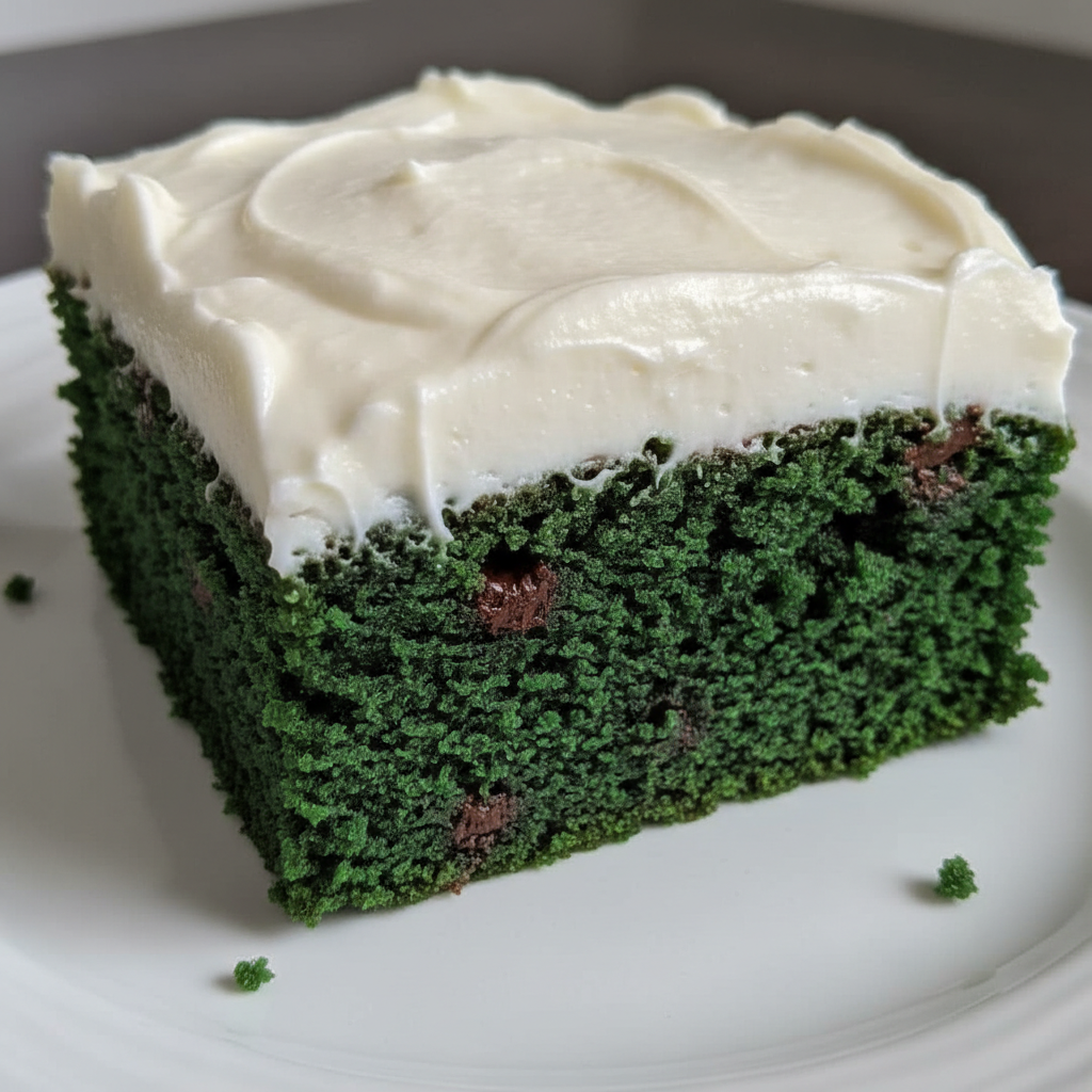 A plate of vibrant green velvet brownies topped with swirls of fluffy white cream cheese frosting, ready to enjoy.