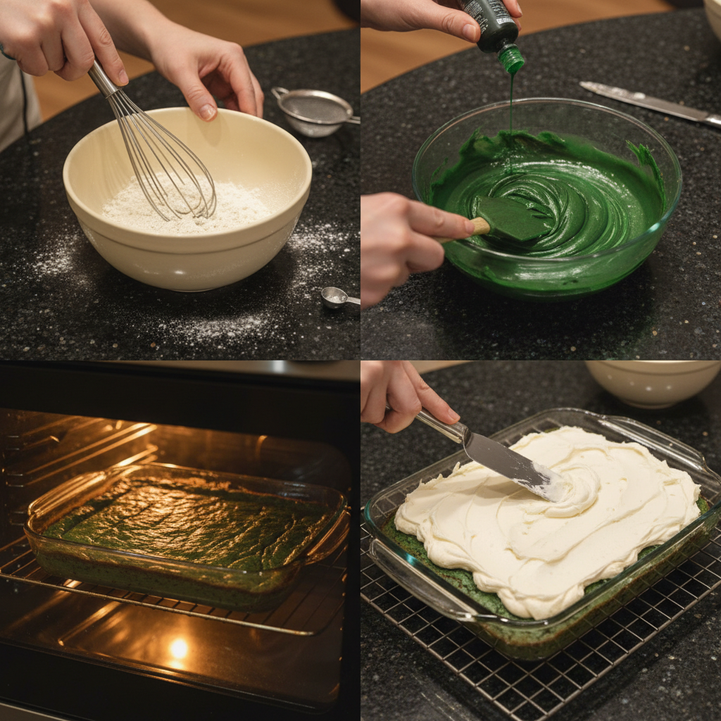 green-velvet-brownies-cream-cheese-frosting-prep Spreading luscious cream cheese frosting over cooled green velvet brownies, a key step for our delicious dessert.