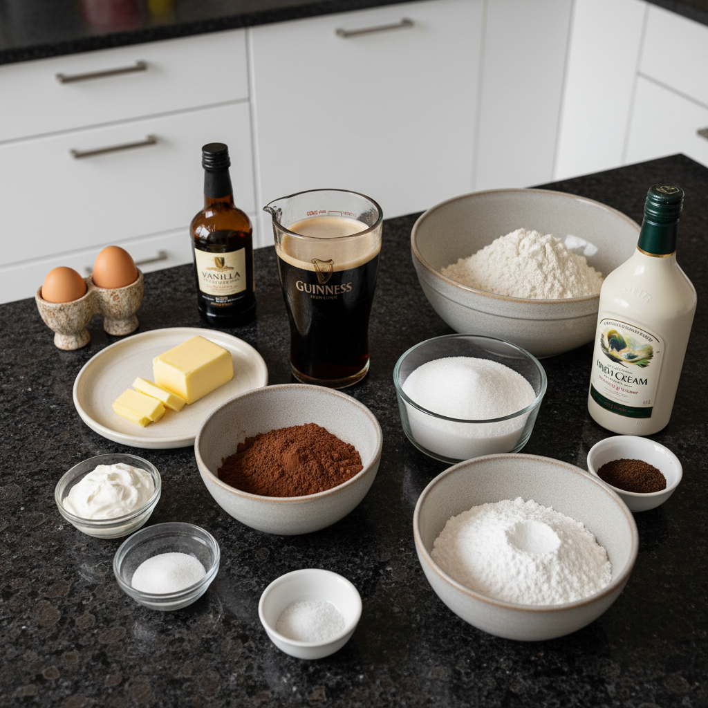 guinness-chocolate-cake-irish-buttercream-ingredients.jpg All fresh ingredients for Guinness Chocolate Cake with Irish Buttercream laid out neatly on a rustic wooden table.
