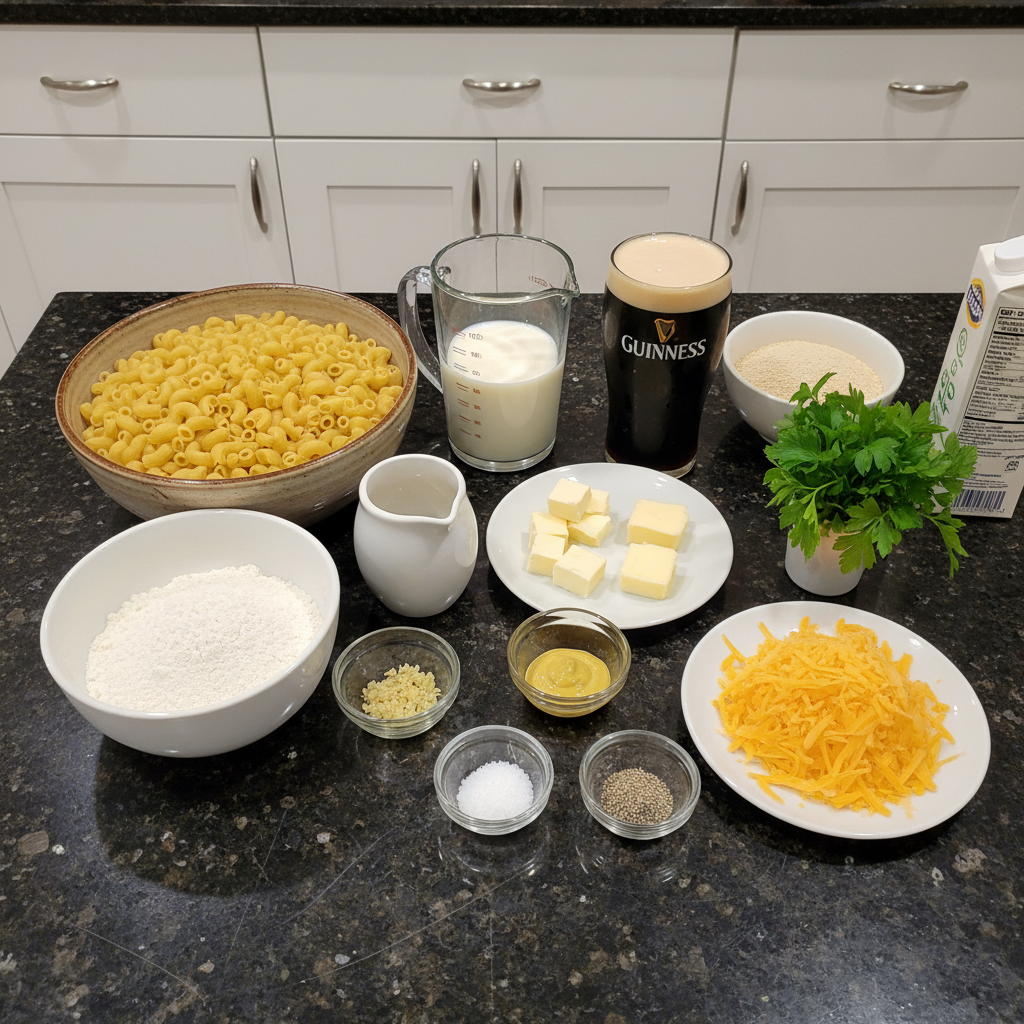 guinness-irish-cheddar-macaroni-cheese-ingredients Fresh ingredients for Guinness and Irish Cheddar Macaroni and Cheese, including pasta, cheese, Guinness, and herbs.