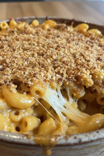 Creamy Guinness and Irish Cheddar Macaroni and Cheese in a cast iron skillet, bubbling and topped with chives.