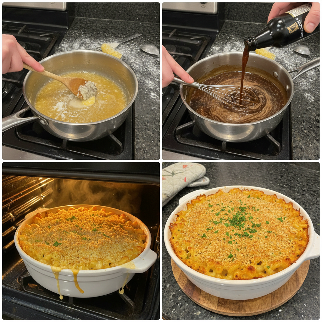 guinness-irish-cheddar-macaroni-cheese-prep Stirring a rich, golden cheese sauce with Guinness in a pot, a key step for Guinness and Irish Cheddar Macaroni and Cheese.