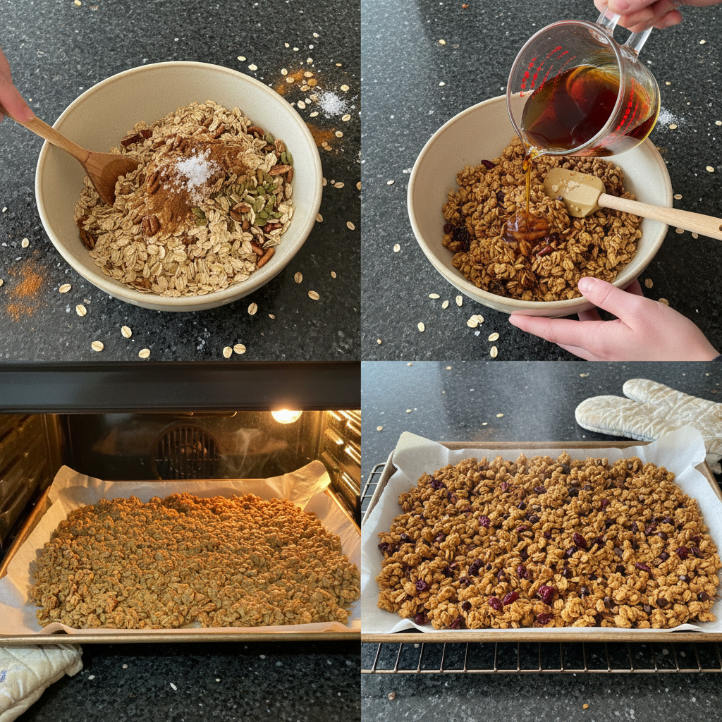 homemade-granola-prep Hands mixing oats, nuts, and syrup on a baking sheet before toasting them to make homemade granola.