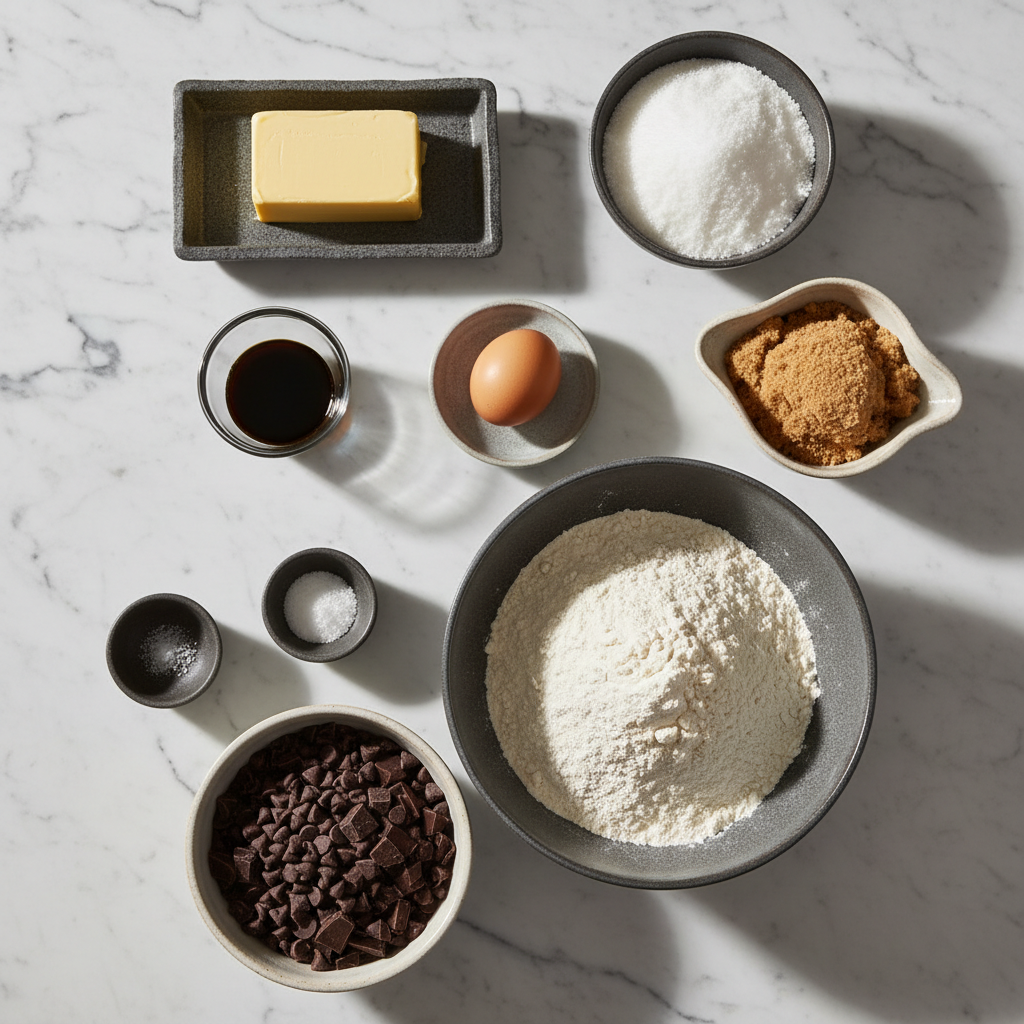Flat lay of brown sugar, semi-sweet chocolate chips, and unsalted butter for this chocolate chip cookies recipe on marble.