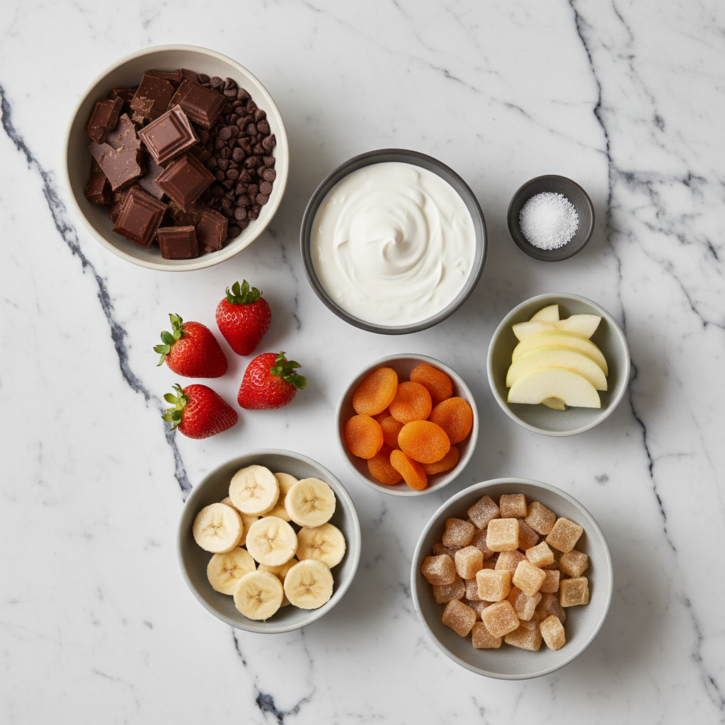 Flat lay of ingredients for chocolate fondue recipe including couverture chocolate, heavy cream, and espresso beans on marble.