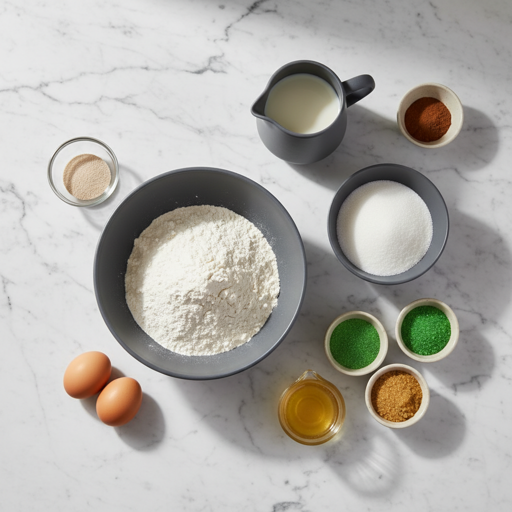Flat lay of ingredients for king cake recipe on a contemporary countertop including yeast dough, potato flakes, and vibrant sanding sugar.