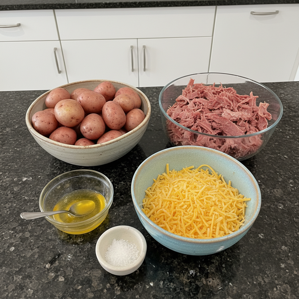 irish-potato-bites-ingredients Fresh ingredients for making irish potato bites, including potatoes, cheese, and herbs, laid out on a wooden board.