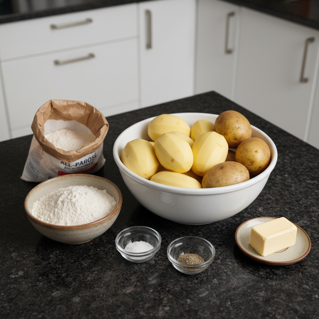 irish-potato-farls-ingredients Essential ingredients for making fluffy Irish Potato Farls laid out on a wooden table, including mashed potatoes, flour, and butter.