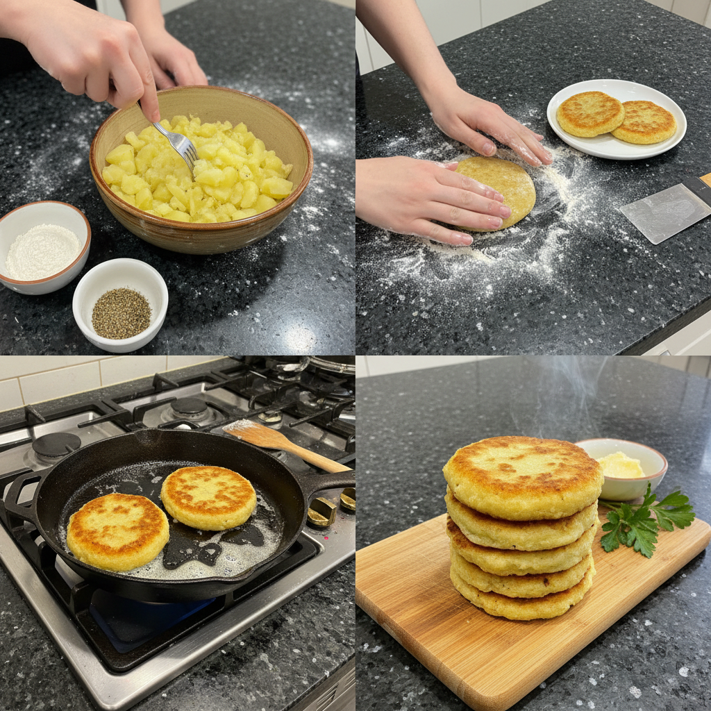 irish-potato-farls-prep-step A skilled hand gently presses and shapes the potato dough into neat rounds on a floured surface, preparing the Irish Potato Farls for cooking.