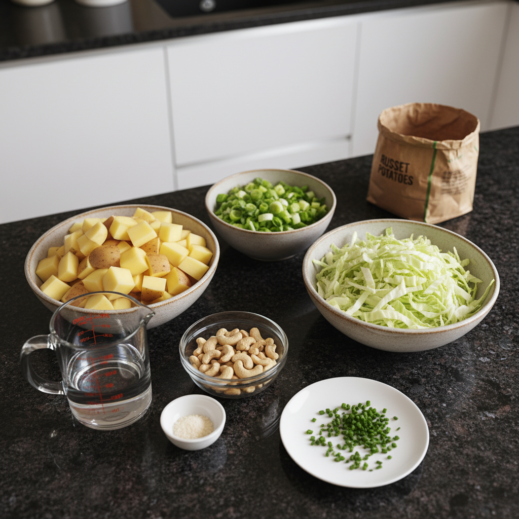 irish-potatoes-ingredients Assorted ingredients laid out for making classic Irish Potatoes, including cream cheese, powdered sugar, coconut, and cinnamon.
