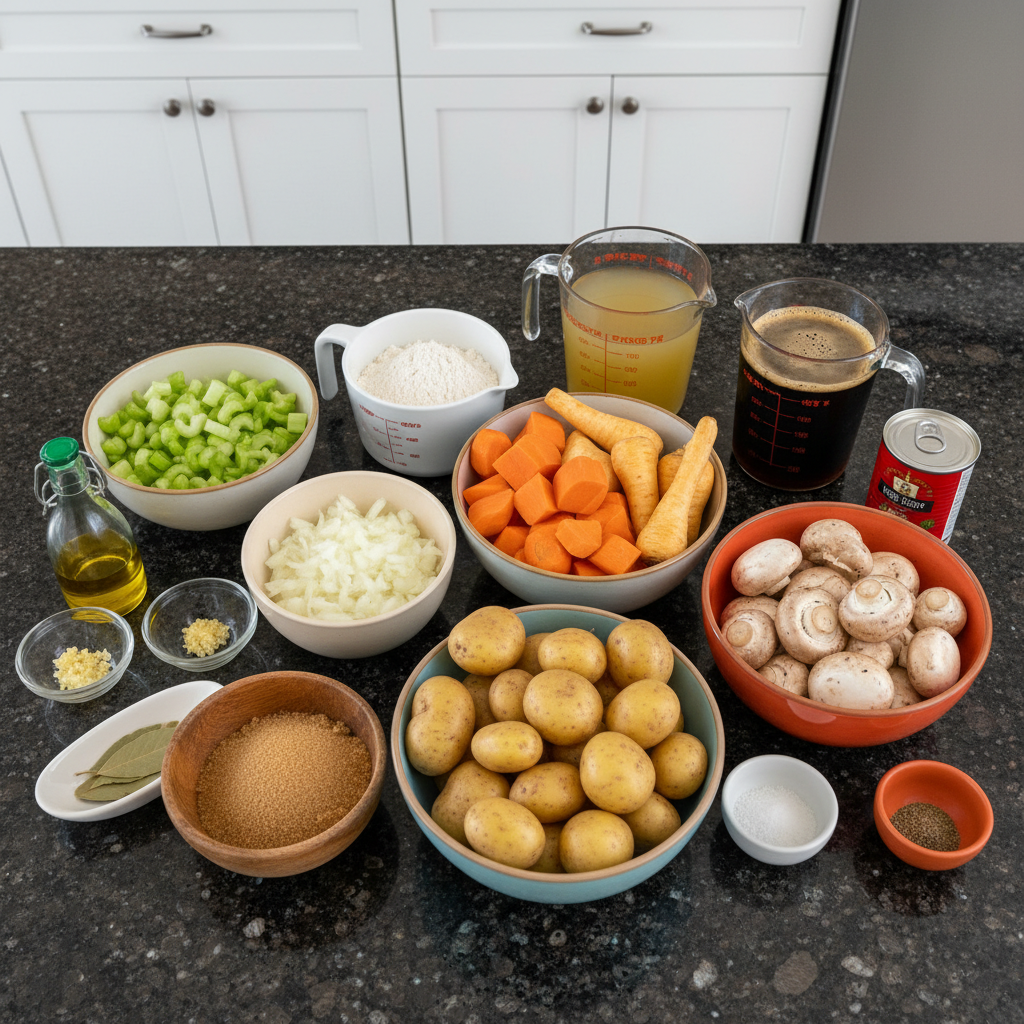 irish-vegetarian-stew-ingredients Fresh vegetables and herbs laid out for a delicious Irish Vegetarian Stew recipe.