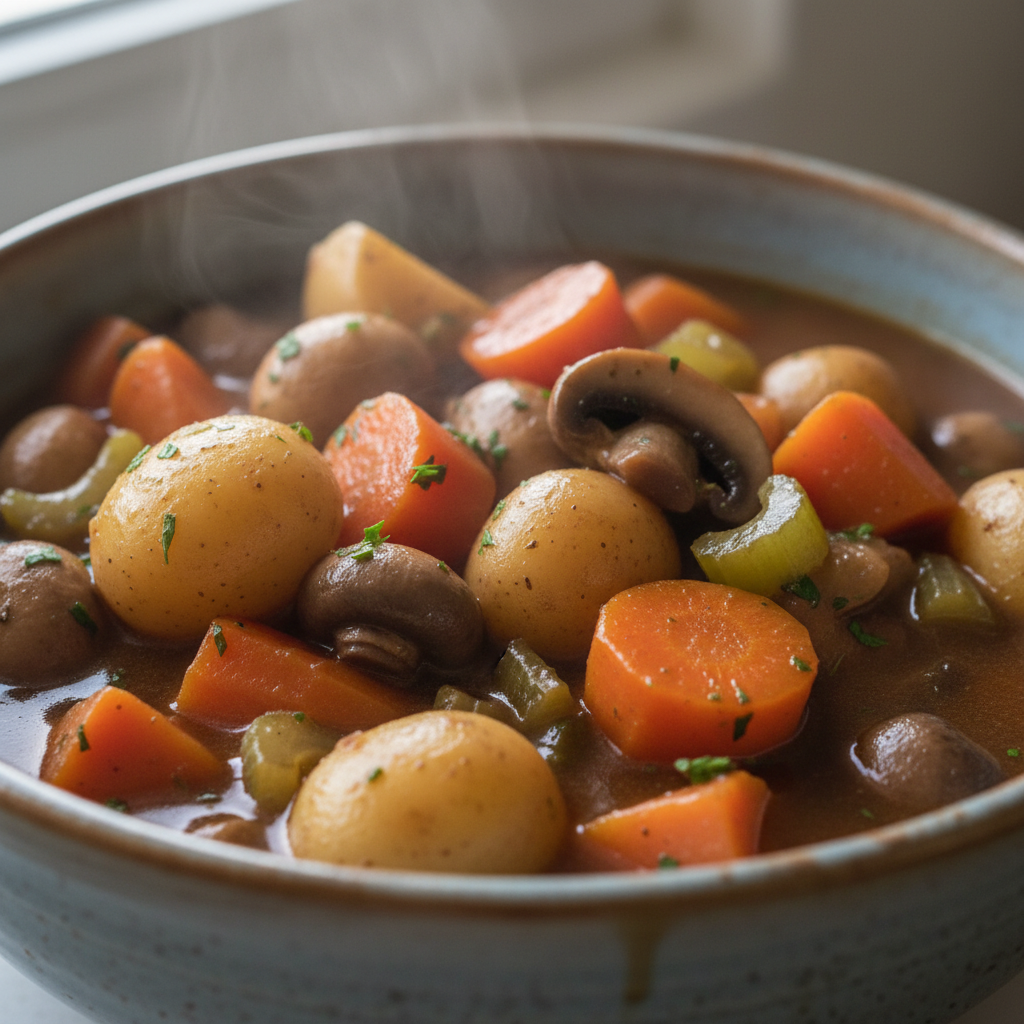 A hearty bowl of Irish Vegetarian Stew, steaming with tender root vegetables and herbs.