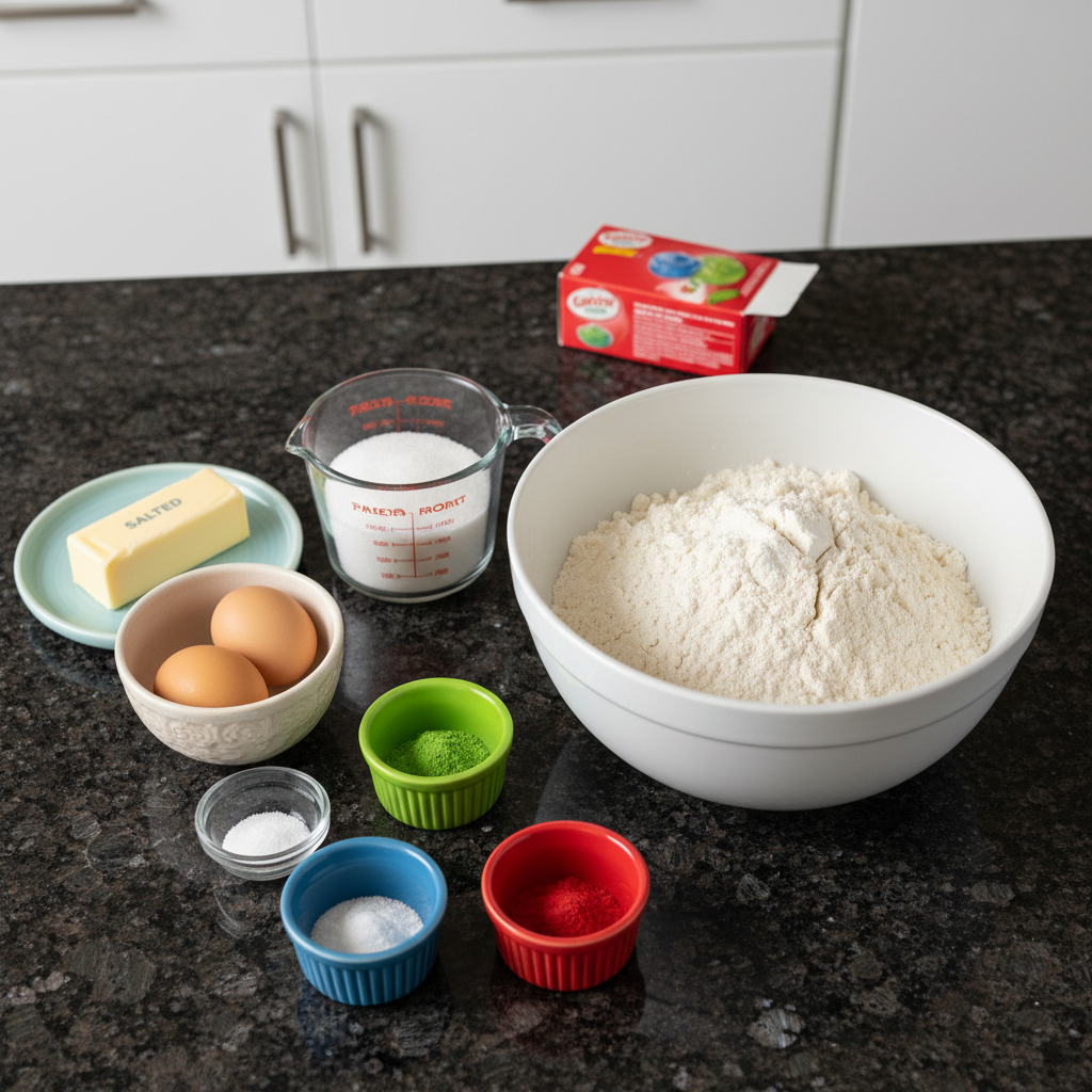 jello-sugar-cookies-ingredients Various colorful packets of Jello powder, flour, sugar, and other baking ingredients laid out for making Jello Sugar Cookies.