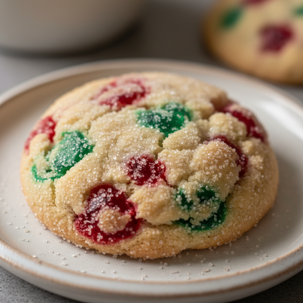 A colorful plate of freshly baked Jello Sugar Cookies, topped with sprinkles and glistening with a sugary glaze.