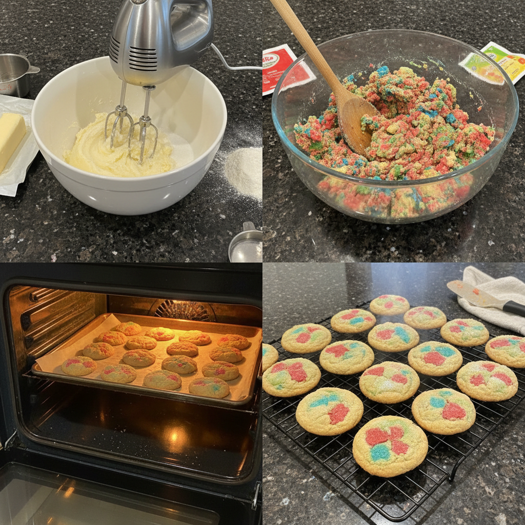 jello-sugar-cookies-prep Hands pressing colorful, soft dough onto a baking sheet, preparing Jello Sugar Cookies for the oven.