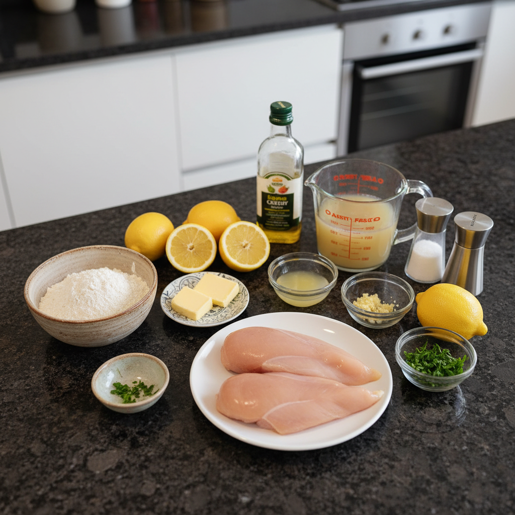 lemon-butter-chicken-ingredients Fresh ingredients for Lemon Butter Chicken including chicken breasts, lemons, butter, garlic, and herbs laid out on a cutting board.