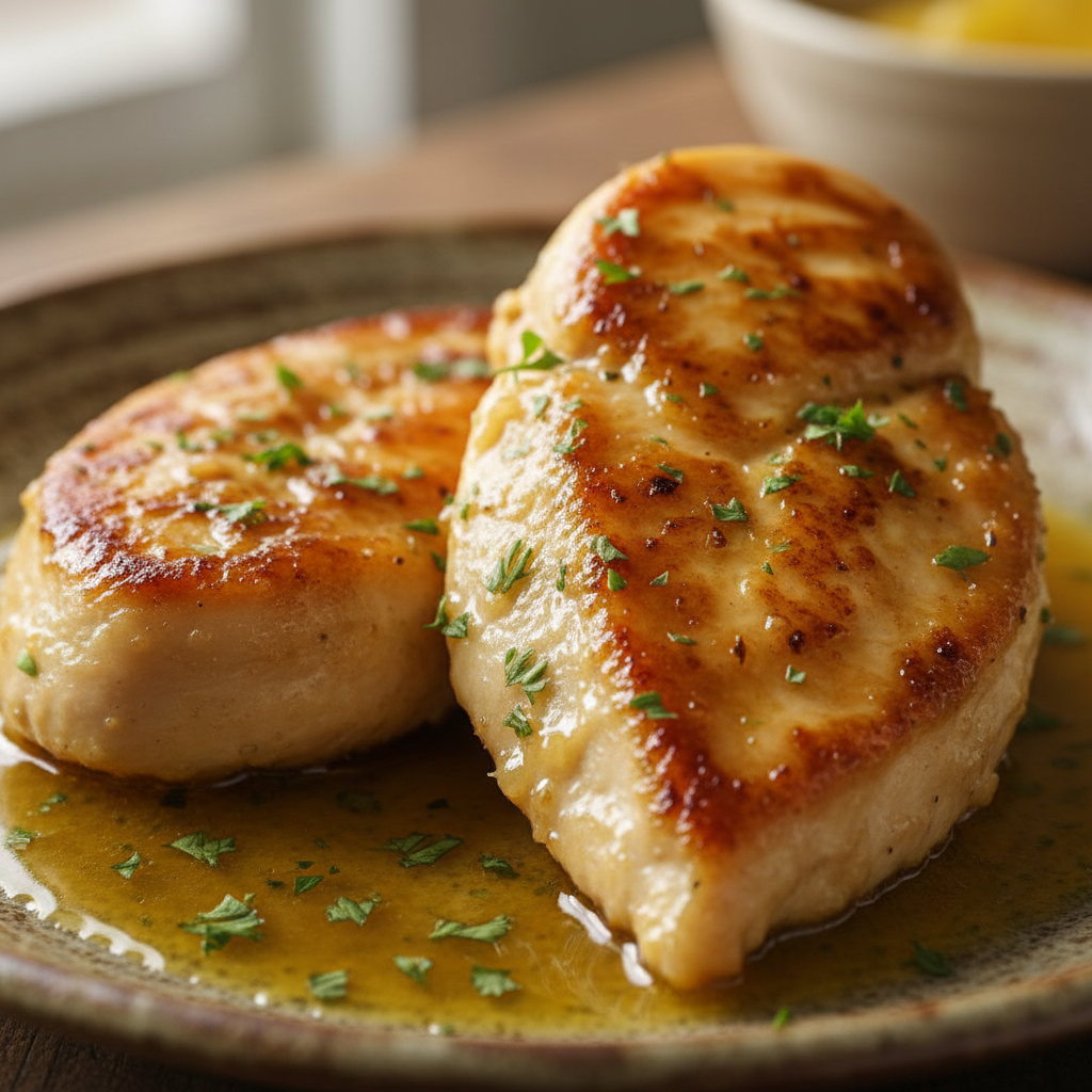 A succulent pan-seared Lemon Butter Chicken breast, glistening with rich sauce and fresh herbs, served on a white plate.