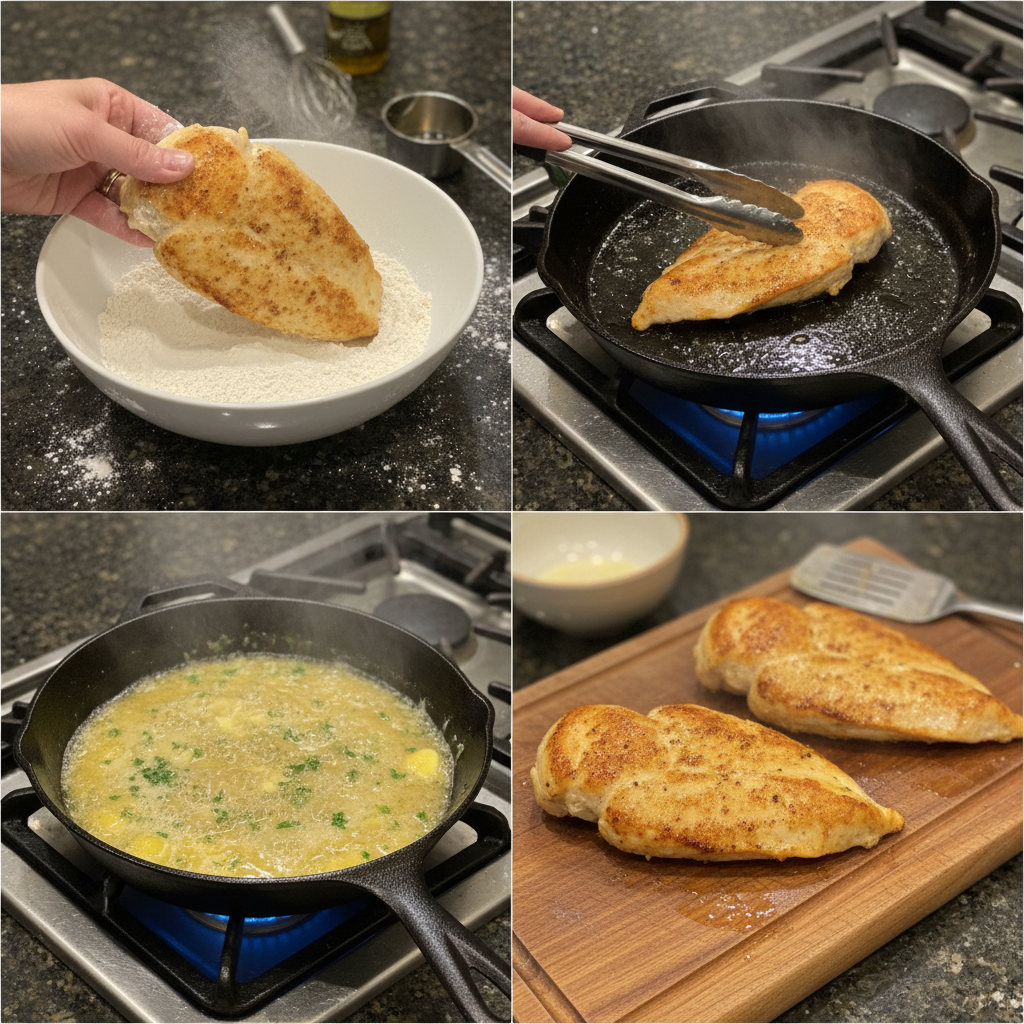 lemon-butter-chicken-prep-cooking A chef searing chicken breasts in a hot pan, preparing the delicious Lemon Butter Chicken recipe.