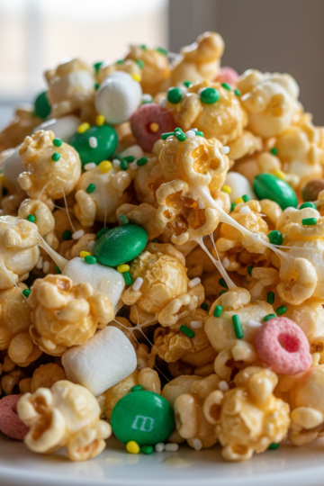 A vibrant bowl of Loaded Leprechaun Popcorn, drizzled with green candy melts and colorful sprinkles, ready for St. Patrick's Day.