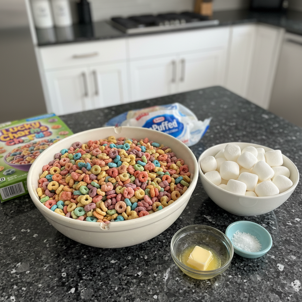 lucky-charms-rice-crispy-treats-recipe-ingredients Colorful Lucky Charms cereal, fluffy mini marshmallows, and golden butter, essential for this Rice Crispy Treats recipe.