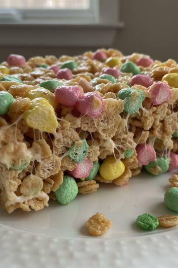 A vibrant plate of soft, chewy Lucky Charms Rice Crispy Treats, perfect for this easy recipe, topped with colorful marshmallows.
